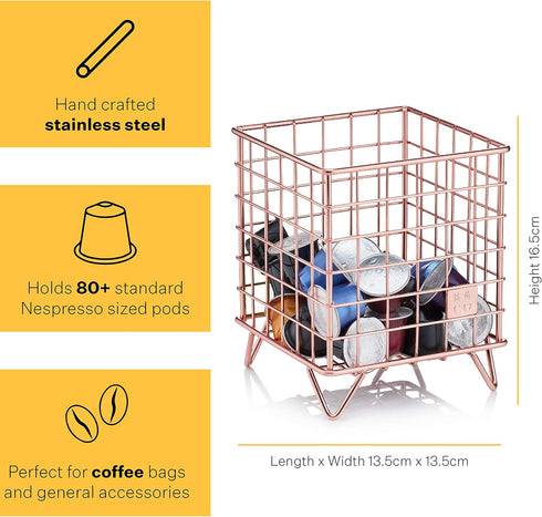 Barista & Co Coffee Pod Cage - Stainless Steel Large Capacity 80+ Coffee Capsule Holder - Copper with Stamp Logo Coffee Pod Storage Compatible wit...