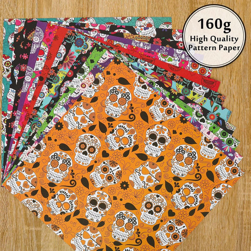 Whaline 24Pcs Day of the Dead Pattern Paper 30x30cm Scary Skeleton Scrapbook Paper Double-Sided Halloween Craft Paper Folded Flat for Card Making ...