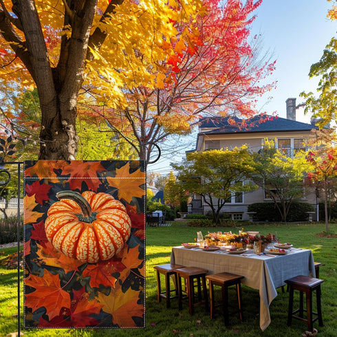 Fall Pumpkin Garden Flag, Autumn Thanksgiving Maple Leaf Garden Flag, Yard Home Decor Welcome Flag, 12x18 Inch Double Sided Burlap, Outdoor Lawn F...