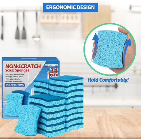 Non-Scratch Cellulose Scrub Sponges 24 Pack, Kitchen Sponge with Double-Side & Ergonomic Design. Sturdy Sponge for Dishes, Coated Cookware, Sink, ...