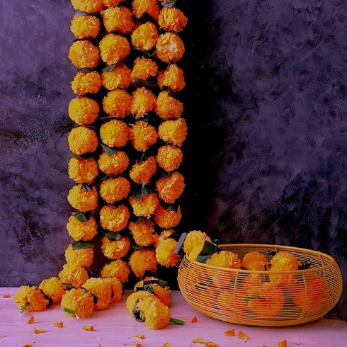 5 PC - 4.5 feet Marigold Garland with Green Leaves |Indian/American Wedding Party Mantle Decoration, Faux Garlands Wedding Garland, Diwali Decorat...