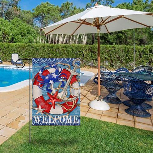 Welcome Summer Nautical Crab Decorative Small Garden Flag, Coastal Beach Anchor Lifebuoy Home Outside House Yard Decoration, Starfish Sea Ocean Fa...