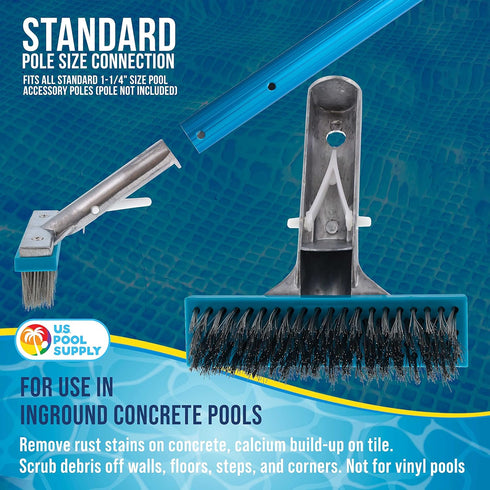 U.S. Pool Supply 5" Stainless Steel Wire Bristle Pool Brush, HD Aluminum Pole Handle - Clean Remove Rust Stains on Concrete, Calcium Build-Up on T...