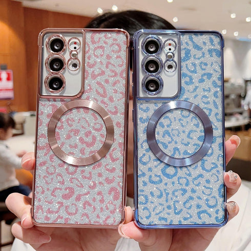 for Samsung Galaxy S21 Ultra Case Compatible with MagSafe Cute Leopard Glitter Magnetic Phone Case Luxury Plating Clear Camera Cover Shockproof So...