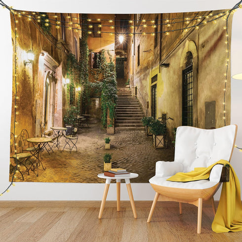 Ambesonne Cityscape Tapestry, Courtyard Night View with Street Cafe Chairs Plants in Flowerpots Rome Print, Wide Wall Hanging for Bedroom Living R...