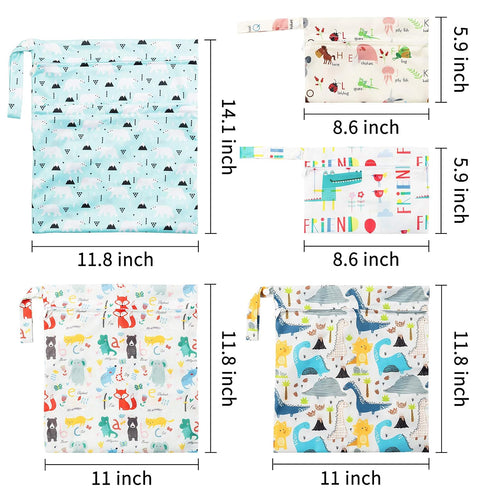 R HORSE 5Pcs Waterproof Reusable Diaper Baby Cloth Wet Dry Bags with 2 Zippered Pockets Travel Beach Pool Bag with Polar Bear Dinosaur Animal Alph...