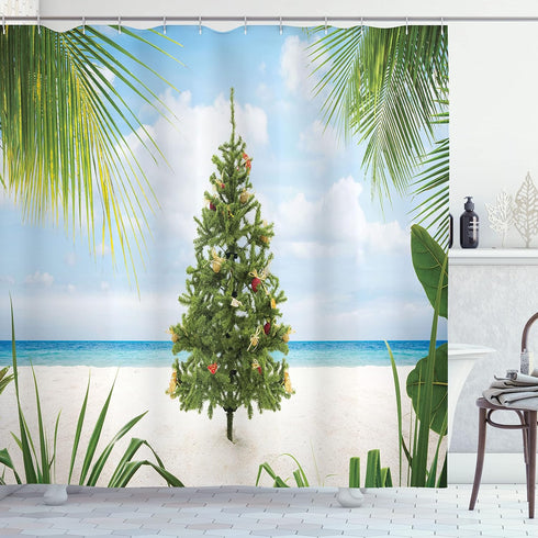 Ambesonne Christmas Shower Curtain, Tree Tinsel and Ornaments Tropical Island Sandy Beach Party Theme, Cloth Fabric Bathroom Decor Set with Hooks,...