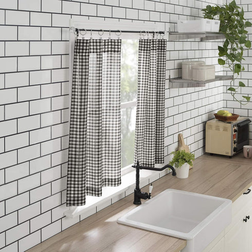 No. 918 Parkham Farmhouse Plaid Semi-Sheer Rod Pocket Kitchen Curtain Valance and Tiers Set, 54" x 24", Black/White...