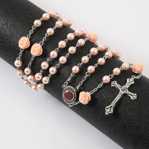 Nazareth Store Catholic Pink Pearl Beads Rosary Necklace Maddona Holy Soil Medal & Cross Crucifix...
