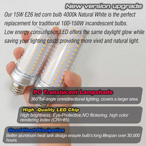 Big 1.57*4.92inch/ E26 E27 LED Corn Light Bulb 150W Equivalent 2000lm 4000K Natural White,15W E26 Medium Base Non-dimmable Candelabra Ceiling Fan ...