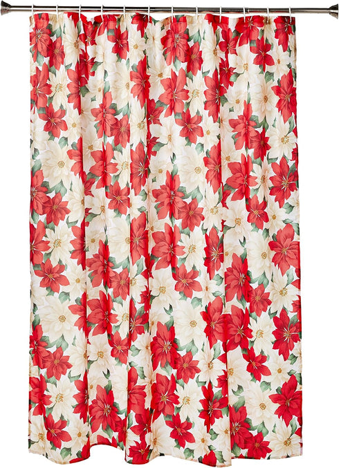 Violet Linen Decorative Christmas Printed Poinsettia Floral Design Shower Curtain - 72" X 72"...