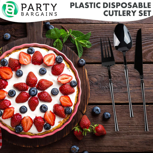 Party Bargains Disposable Plastic Black Cutlery Set, Infinity Modern Design Utensils, 40 Pack: 16 Forks, 8 Knives, 16 Spoons...