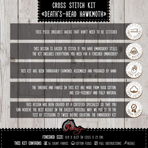 Povitrulya 'Death's-Head Hawkmoth' Embroidery Kit - Skull Moth Counted Cross Stitch Set for Adults with Pattern, Aida 14 Count Cloth and Pre-Sorte...