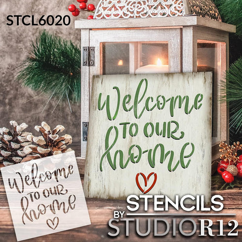 Welcome to Our Home with Heart Stencil by StudioR12 | Craft DIY Farmhouse Home Decor | Paint Family Wood Sign | Reusable Mylar Template | Select S...