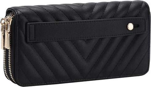B BRENTANO Vegan Leather Double Zipper Pocket Wallet with Grip Hand Strap (Chevron Embroidered Black)...