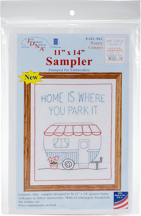 Jack Dempsey Needle Art Happy Camper Embroidery Sampler, 11" x 14", white......