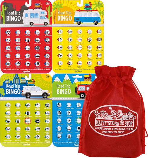 Toysmith Road Trip Bingo Cards Red, Blue, Green & Orange Gift Set Travel Bundle with Bonus Matty's Toy Stop Storage Bag - 4 Pack...