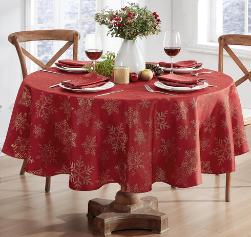 Newbridge Fancy Metallic Snowflake Christmas Fabric Tablecloth, 70 Inch Round, Red Gold, No-Iron Soil Resistant Sparkling Snowflakes Woven Holiday...