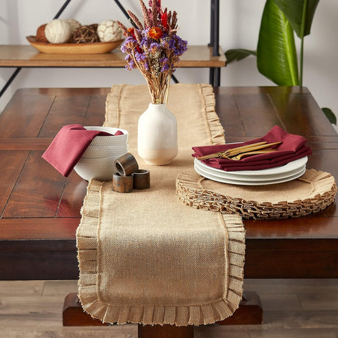 DII Jute Burlap Collection Kitchen Tabletop, Table Runner, 14x108, Ruffle Trim Natural...