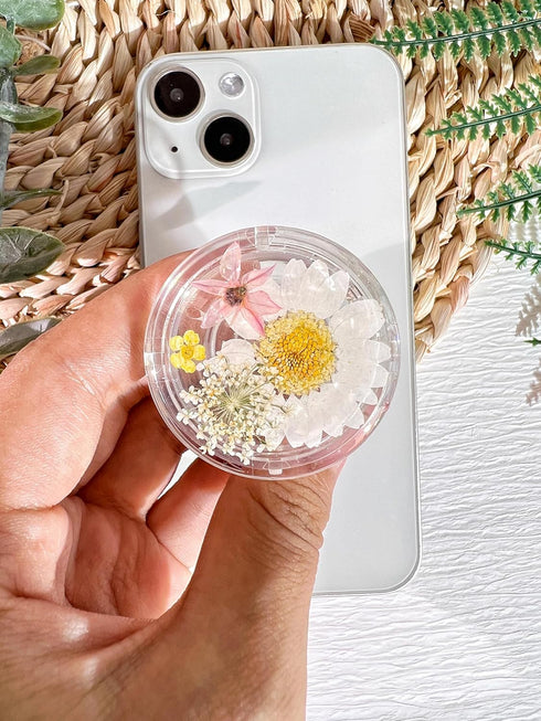 Pressed White Daisy Flowers Phone Grip Holder,Handmade Expandible Collapsible Transparent Cell Phone Accessory, Dried Natural Flowers Phone Stand,...
