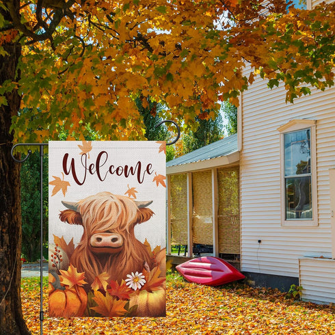 Welcome Fall Highland Cow Garden Flag 12x18 Inch Double Sided Burlap, Farmhouse Pumpkins Cow Yard Decor Seasonal Flowers Porch Flag for Rustic Aum...
