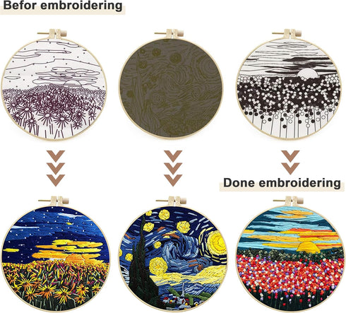 Maydear 3 Pack Embroidery Starter Kit with Pattern, Stamped Cross Stitch Kits for Beginners Adults with Embroidery Hoop and Instructions, Hand Emb...