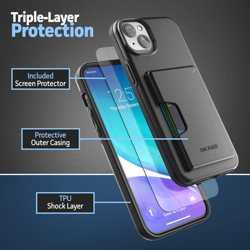 ENCASED Protective Wallet Case Designed for iPhone 14 with Card Holder and Screen Protector (4 Credit Cards/IDs) - Black......
