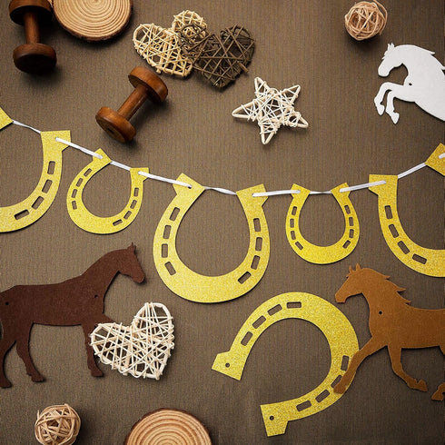 4 Piece Derby Horseshoe Garland Banner for Western Wedding Party Decoration, Pre Assembled (Gold)...