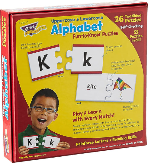 Trend Enterprises: Fun-to-Know Puzzles: Uppercase & Lowercase Alphabet, Learn Letter & Case Recognition, 26 Two-Sided Puzzles, Self-Checking, 52 P...