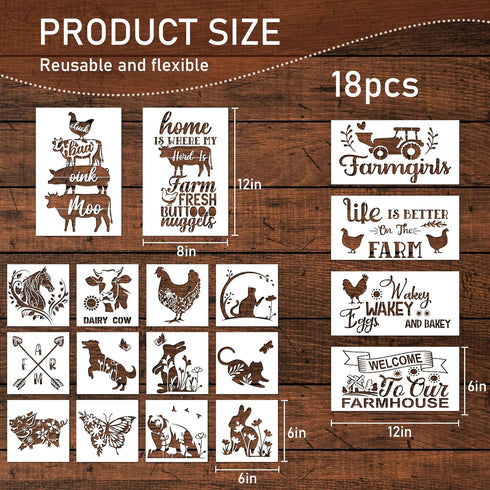 Farmhouse Animal Stencils, 18 Pack Reusable Welcome Farm Stencils for Painting on Wood Sign Decor, Pig Cow Chicken Stencils for Painting on Wood, ...