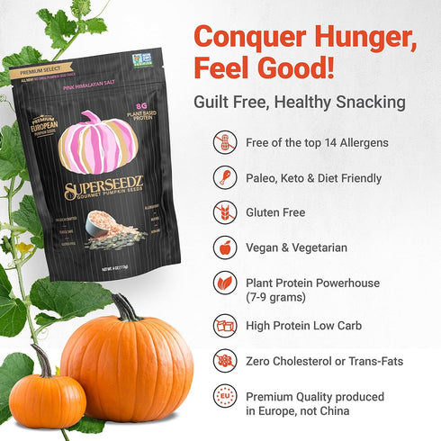 SuperSeedz Dry Roasted Pumpkin Seeds with Pink Himalayan Sea Salt - Pepitas, Whole 30, Vegan, Keto, 7g Plant Based Protein, Produced in USA, Nut F...