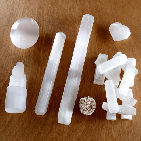 DANCING BEAR Selenite Protection Collection (22 pc Set): 12-15 Sticks (1.5-2”), Palm Stone, Heart, Tower, 8" Stick, 5.5" Massage Wand, and Desert ...