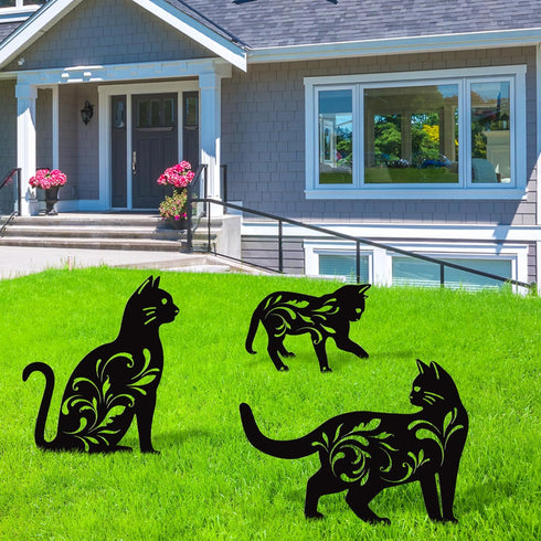 URATOT 3 Pack Metal Cat Garden Statues Black Cat Silhouette Cat Decorative Garden Stakes Garden Outdoor Statues Animal Stakes for Yard Decor and L...