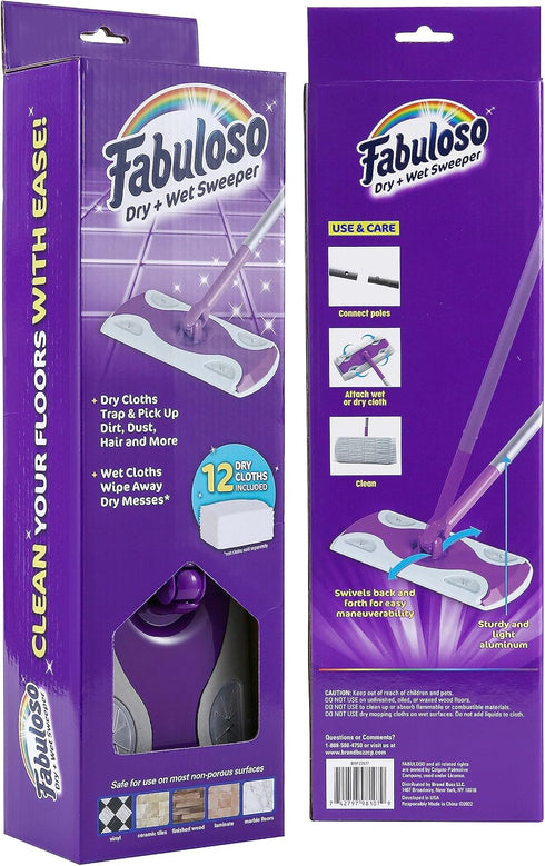 Fabuloso Dry and Wet Sweeper with Bonus 12 Dry Cleaning Pads| Clean Your Floors with Ease | 2-in-1 Sweeping and Light Mopping, Lightweight, Swivel...