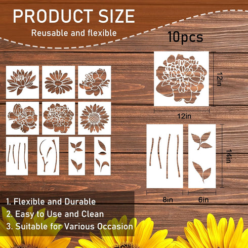 Large Flower Stencils, 10 Pcs Reusable Flower Stencils for Painting on Wood, Sunflower Peony Flower Stencils for Painting on Wood Garden Fence Wal...