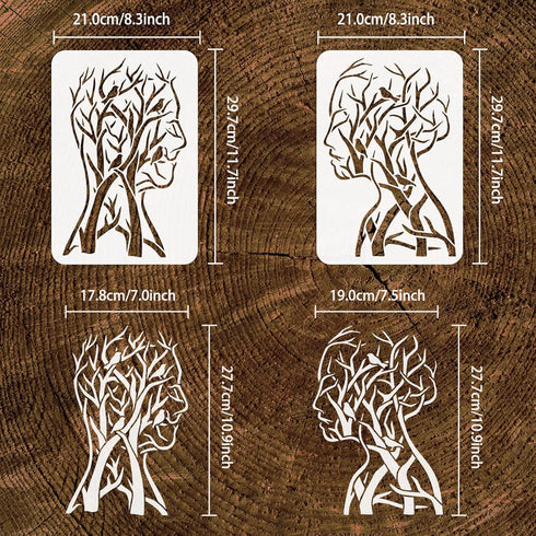 FINGERINSPIRE 2PCS Tree of Life Stencil 11.7x8.3 inch Man Woman Painting Stencil Branch Bird Craft Stencils Human Shape Tree Stencil Template for ...