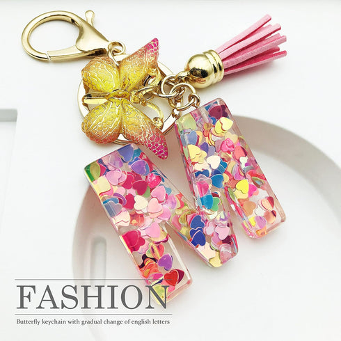 Initial letter Keychains for Women Tassel Butterfly Pink Purple Cute Car Keychain for Wallet Backpack bag charm...