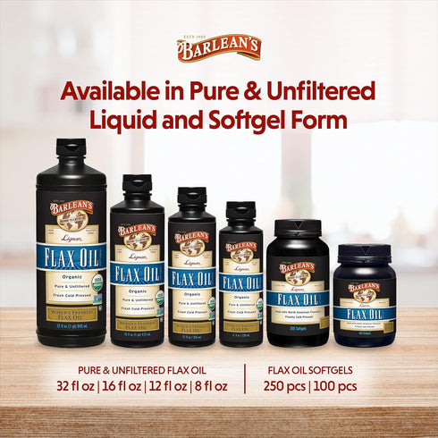 Barlean's Organic Lignan Flaxseed Oil Liquid Supplement from Cold Pressed Flax Seeds, 7,230 mg ALA Omega-3 Fatty Acids for Skin and Hair Care, Veg...
