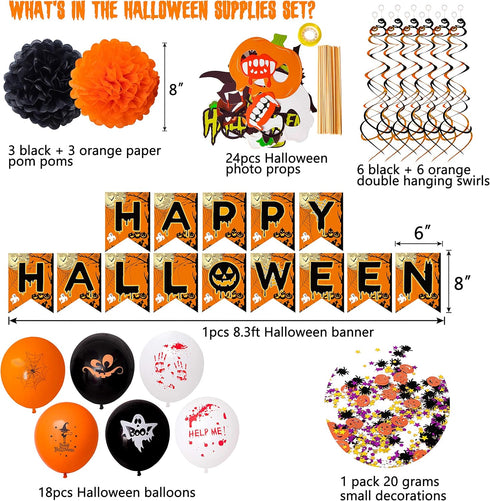 62PCS Halloween Party Decorations Set - Hallowmas Photo Booth Props Banner Balloons Pom Poms Hanging Swirls Spider Pumpkin Ornaments Supplies...