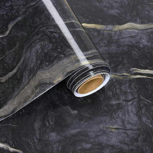 Black and Gold Marble Wallpaper Peel and Stick Glossy Dark Granite Countertops Marble Contact Paper Removable Self Adhesive Wall Paper for Bathroo...