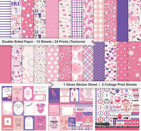 Inkdotpot Pink Baby Girl Theme Collection Double,Sided Scrapbook Paper Kit Cardstock 12"x12" Card Making Paper Pack of with Sticker Sheet - 16 Pag...