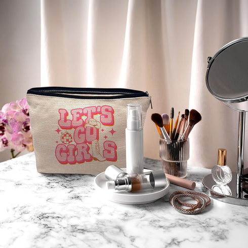 Western Makeup Cosmetic Bag,Let's Go Girls Western Cowgirl Hat Boots Disco Ball Makeup Travel Toiletry Bag,Bachelorette Party Favors,Western Cowgi...