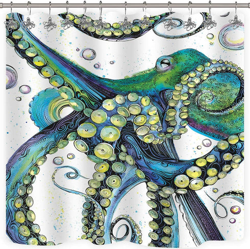 Set of 12 Octopus Shower Curtain Hooks Decorative Home Bathroom Squid Sea Creature Beast Stainless Steel Rustproof Brushed Nickel Rings with Octop...