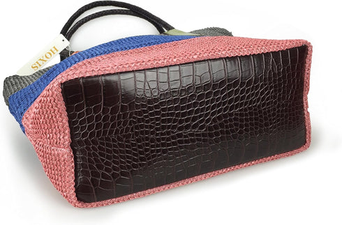 HOXIS Color Block Crocodile Pattern Stripes Woven Synthetic Straw Tote Womens Shoulder Handbag #Lovewin...