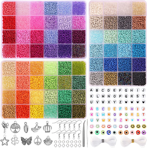 QUEFE 14400pcs 72 Colors, 3mm Glass Seed Beads for Bracelet Making Kit, Small Beads for Jewelry Making with Letter Beads for Crafts Gifts...