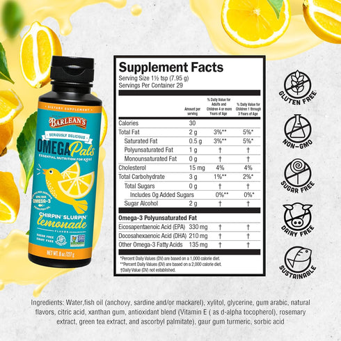 Barlean's Omega Pals Chirpin' Slurpin' Omega 3 for Kids, Yummy Lemonade Flavored Children's Liquid Fish Oil Supplement with 540 mg of EPA & DHA fo...