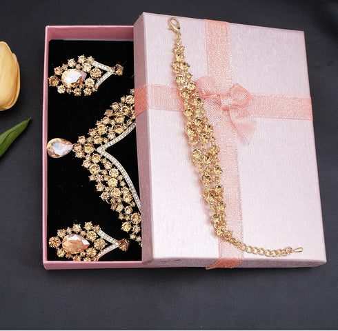 Women's Statement Necklace Earrings Link Bracelet Set for Bride Austrian Crystal Wedding Bridal Costume Jewelry Sets...