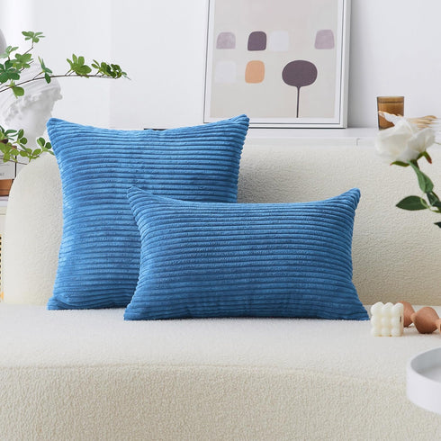 Home Brilliant Throw Pillow Covers Decorative Soft Velvet Corduroy Striped Set of 2 Square Cushion Cover for Couch Bench, 18 x 18 inch, Blue...