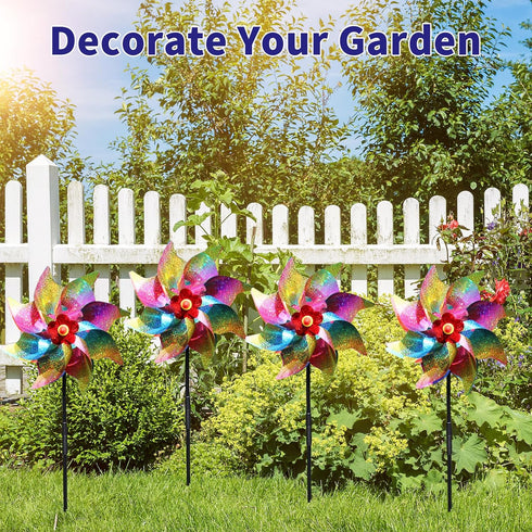 10 Pieces 21 Inches Rainbow Reflective Pinwheels with Stakes Windmill Wind Spinners Outdoor for Yard Garden Lawn Farm Decor Bird Repellent, Large ...