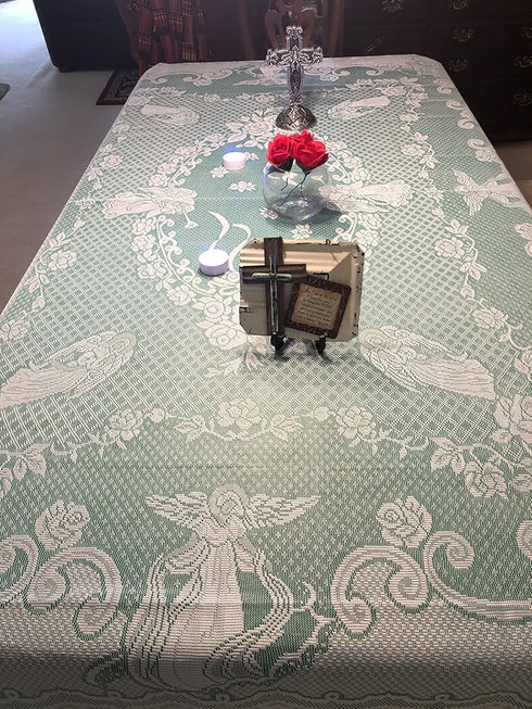 WUBODTI Christmas White Lace Rectangular Tablecloths Angel Pattern Floral Embroidered Table Linens for Baby Showers Wedding Parties Table Covers f...